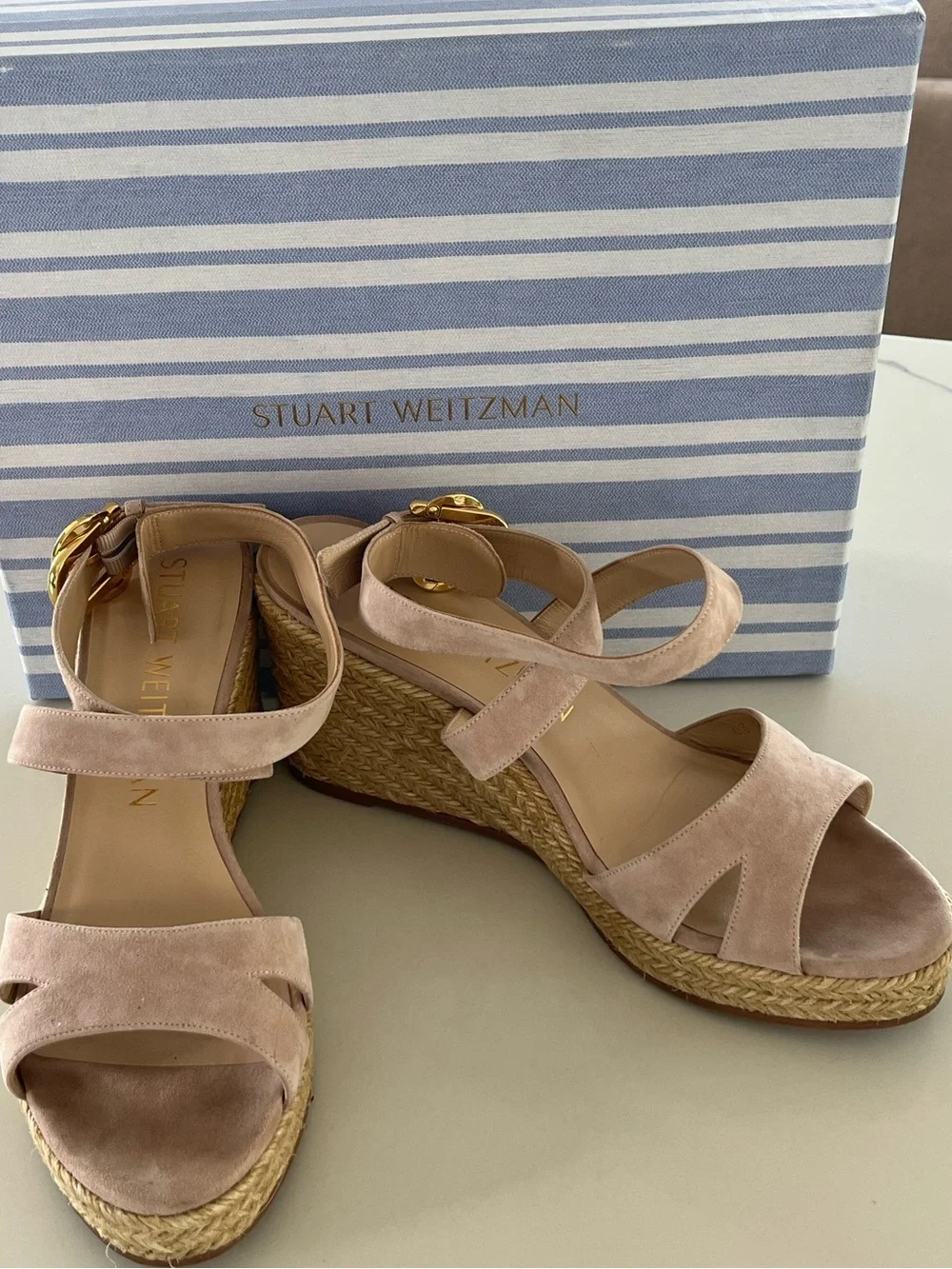Stuart Weitzman Zuzu Suede Sandal Espadrille Wedges Nude Beige Size 9 / 39.5 - Picture 2 of 10